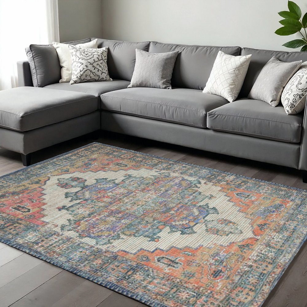 8' X 10' Blue Brick Red And Brown Medallion Hand Woven Distressed Area Rug