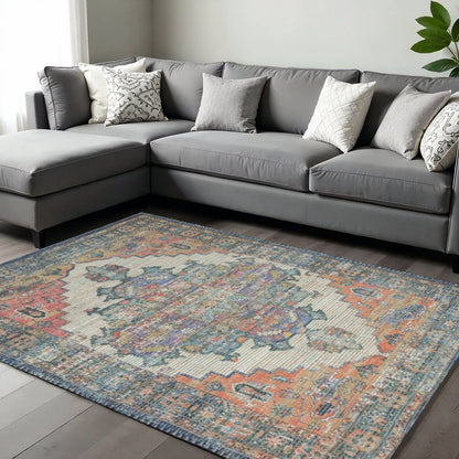 8' X 10' Blue Brick Red And Brown Medallion Hand Woven Distressed Area Rug