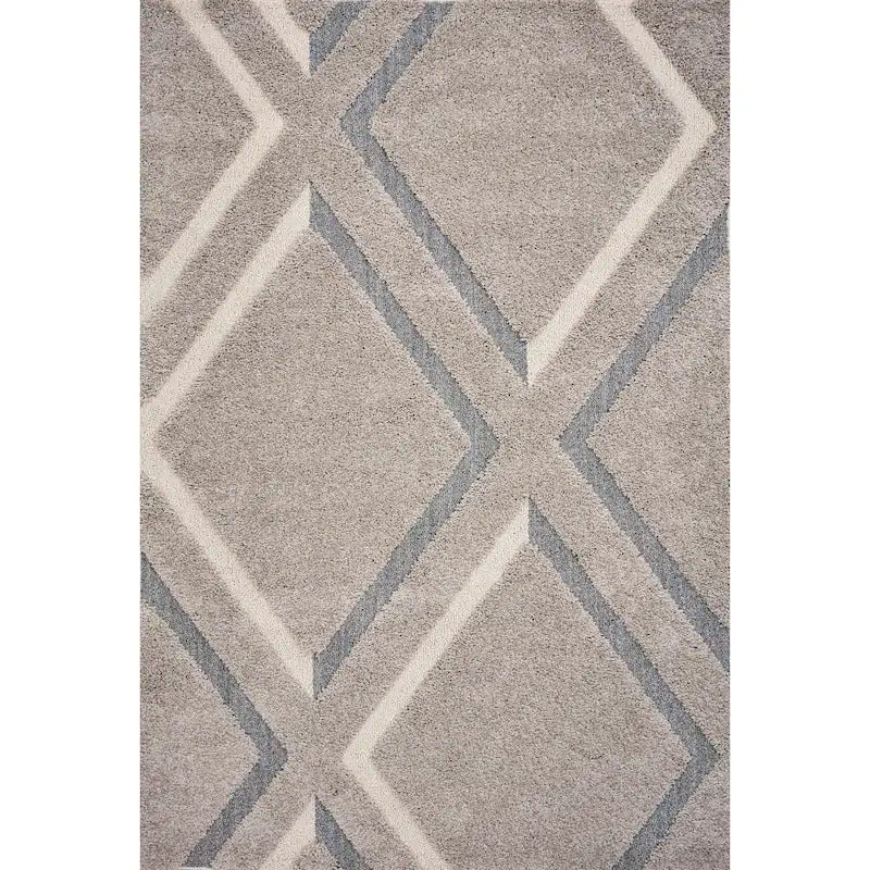 3' X 5' Gray Ivory and Teal Geometric Shag Area Rug