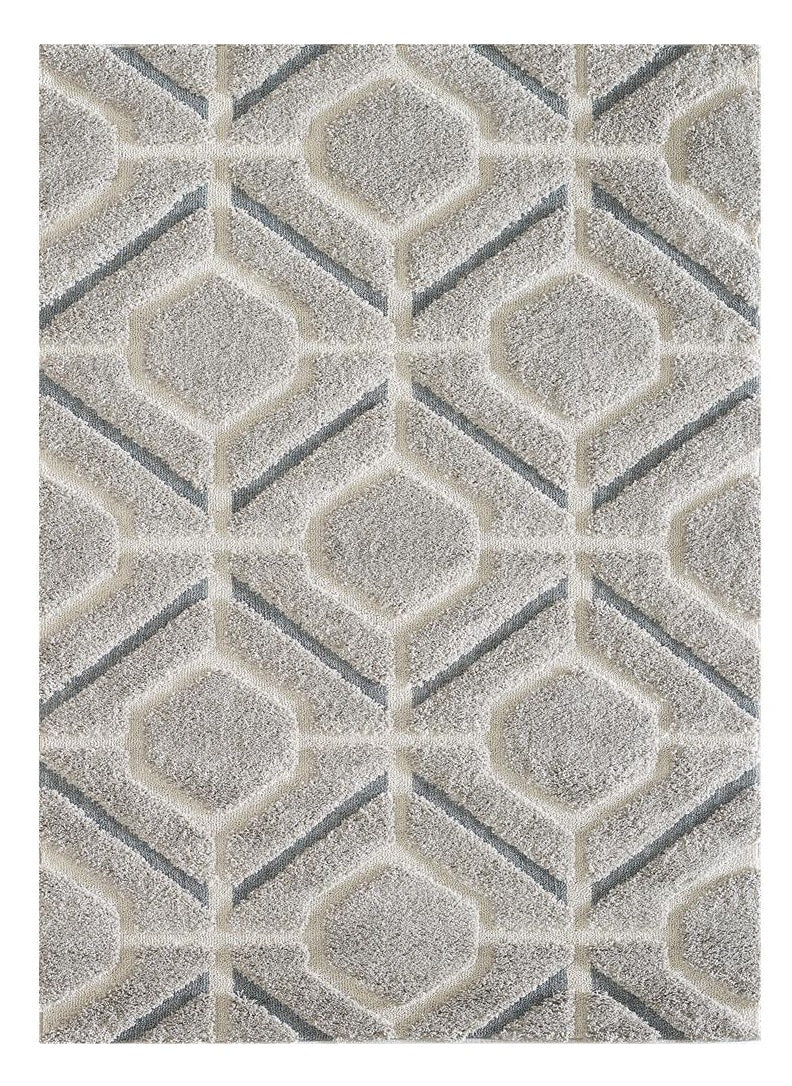 3' X 5' Gray Dark Gray/Teal and Ivory Geometric Shag Area Rug