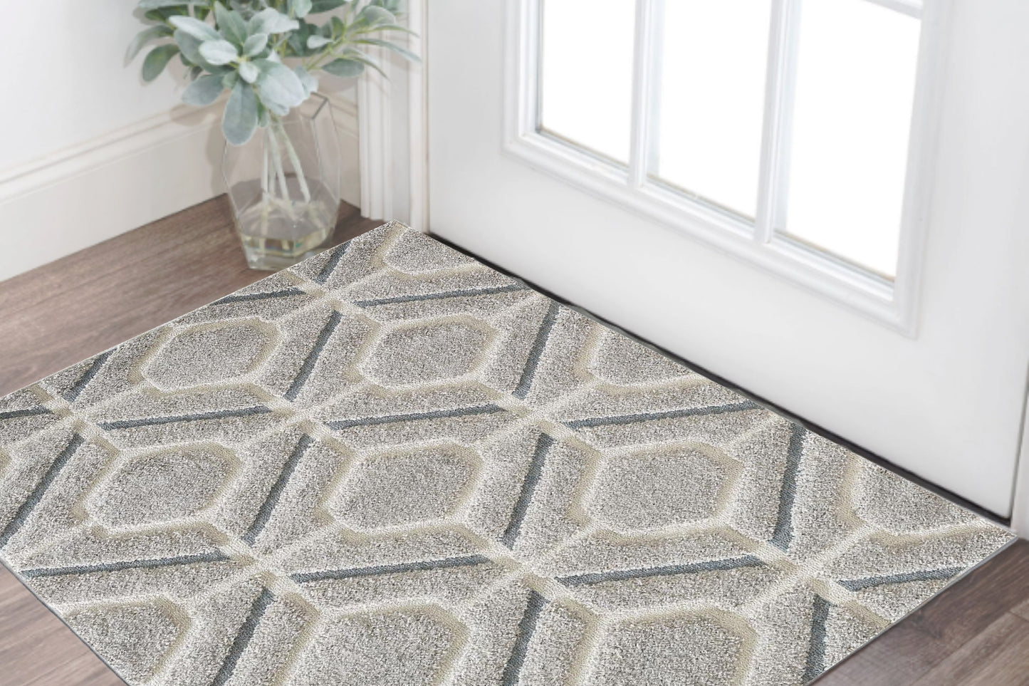 3' X 5' Gray Dark Gray/Teal and Ivory Geometric Shag Area Rug