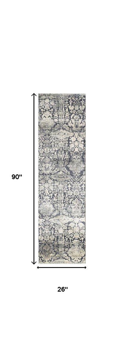 3' X 5' Gray And Ivory Floral Medallion Area Rug