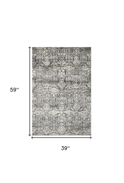 3' X 5' Gray And Ivory Floral Medallion Area Rug