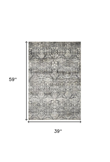 3' X 5' Gray And Ivory Floral Medallion Area Rug