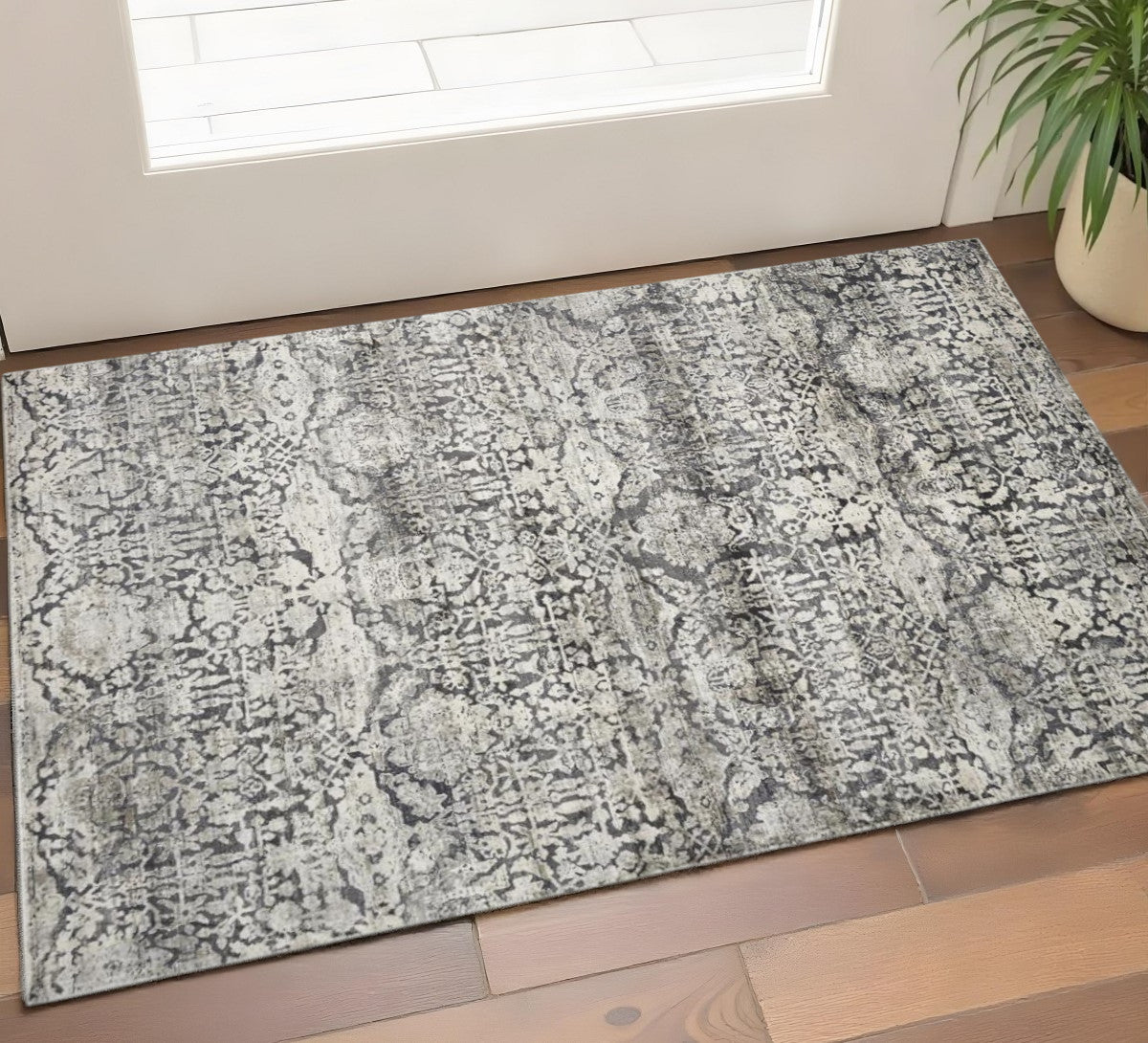 3' X 5' Gray And Ivory Floral Medallion Area Rug