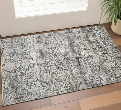 3' X 5' Gray And Ivory Floral Medallion Area Rug