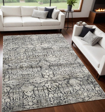 3' X 5' Gray And Ivory Floral Medallion Area Rug