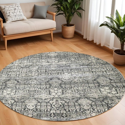 3' X 5' Gray And Ivory Floral Medallion Area Rug