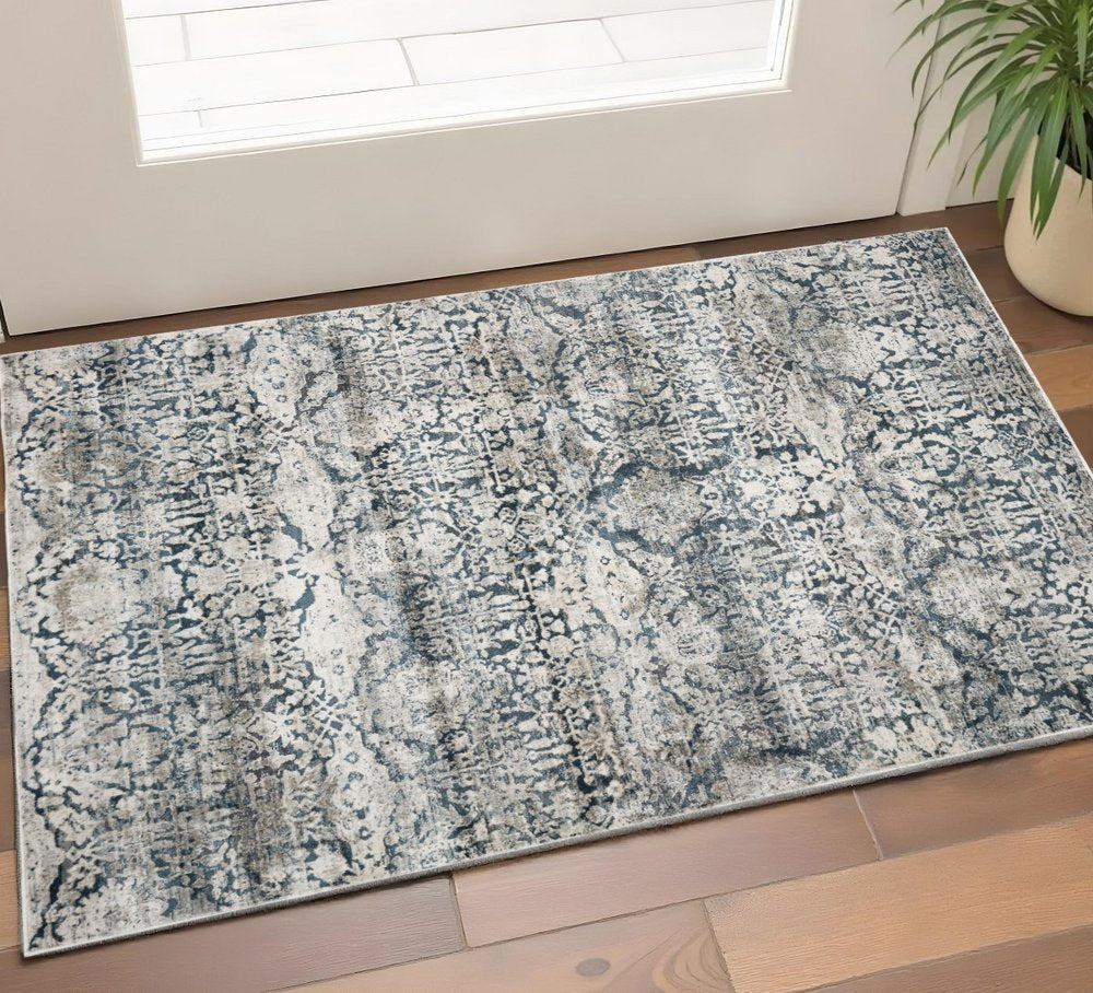 3' X 5' Teal And Ivory Floral Area Rug