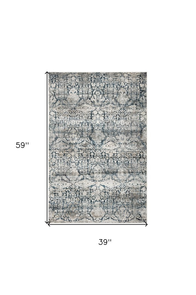 3' X 5' Teal And Ivory Floral Area Rug
