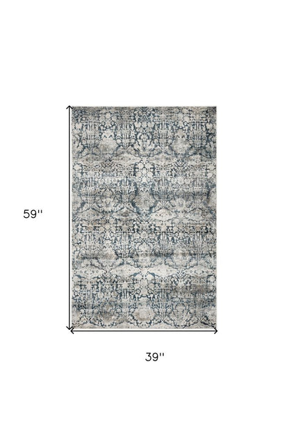 3' X 5' Teal And Ivory Floral Area Rug