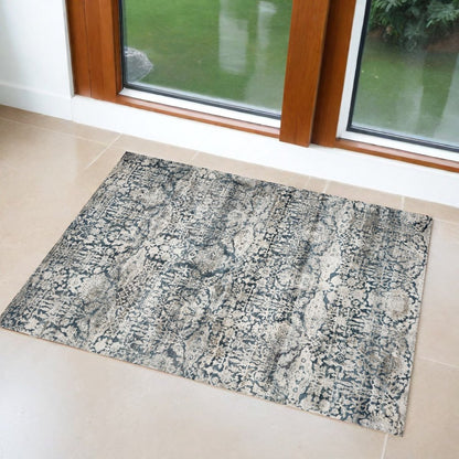 3' X 5' Teal And Ivory Floral Area Rug