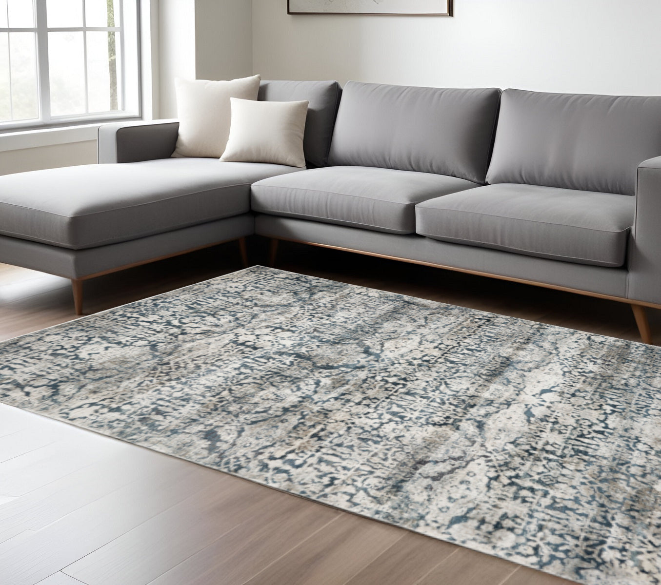 3' X 5' Teal And Ivory Floral Area Rug
