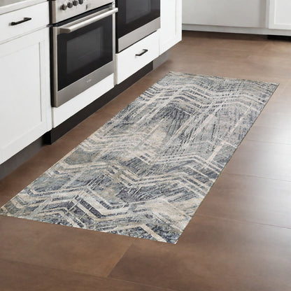 8' Grey Machine Woven Distressed Chevron Indoor Runner Rug