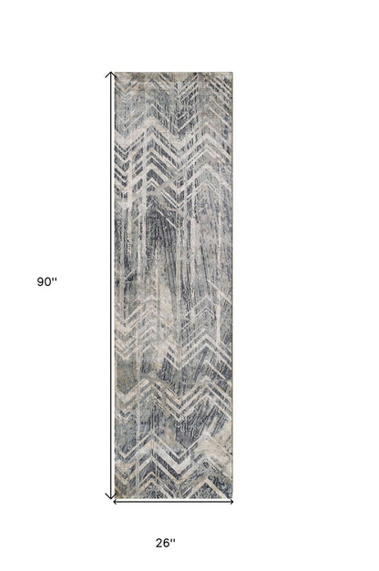 8' Grey Machine Woven Distressed Chevron Indoor Runner Rug