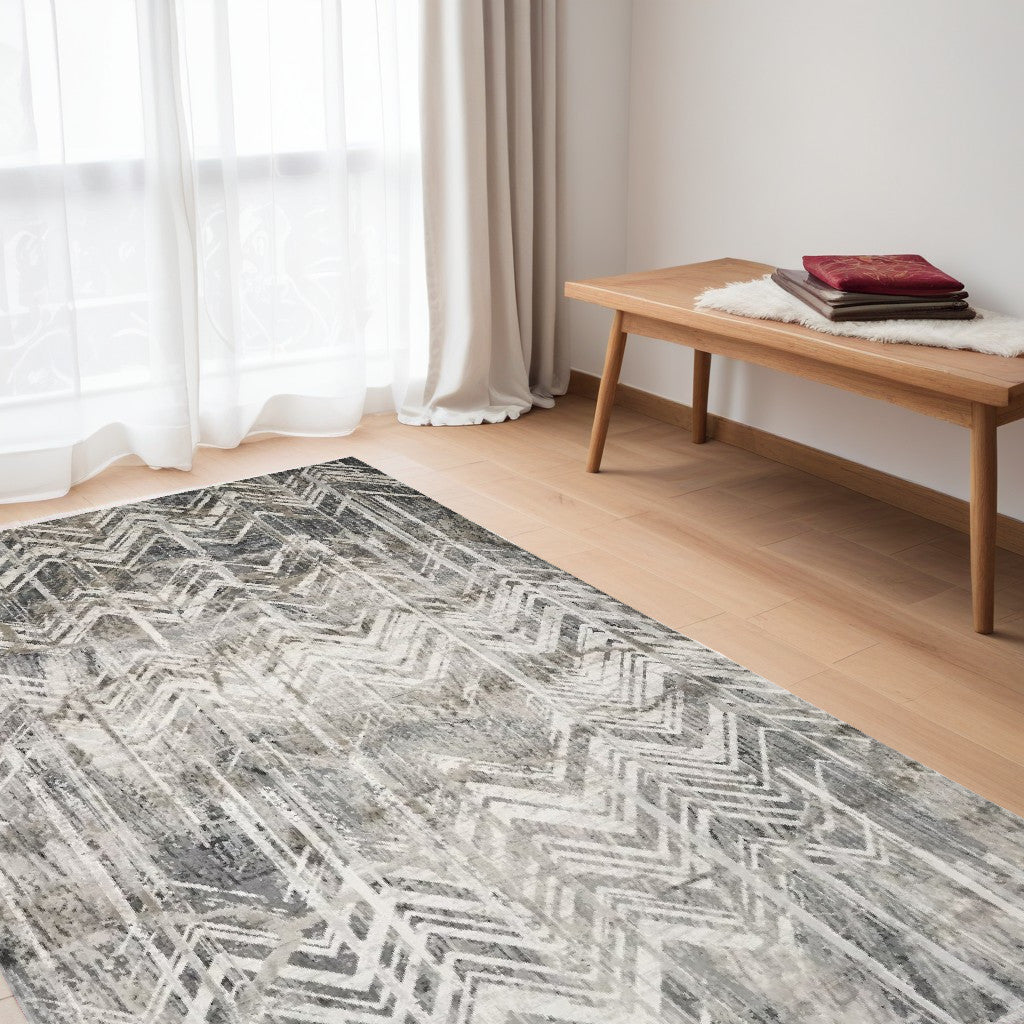 8' Grey Machine Woven Distressed Chevron Indoor Runner Rug