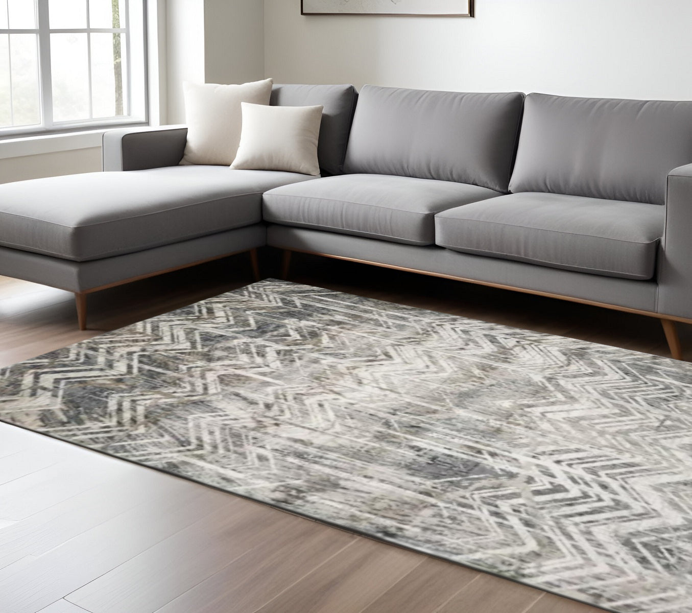 9' X 13' Dark Gray And Ivory Chevron Area Rug