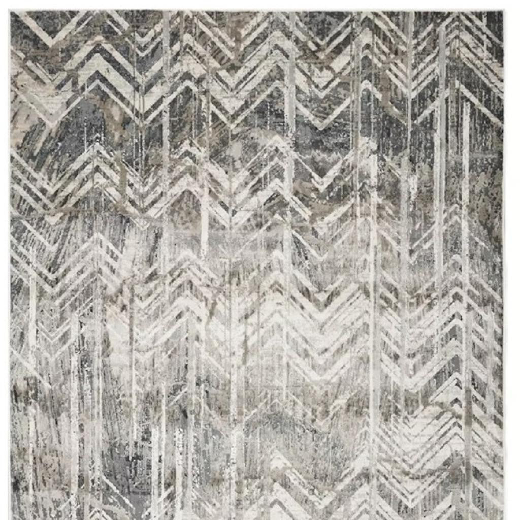 9' X 13' Dark Gray And Ivory Chevron Area Rug