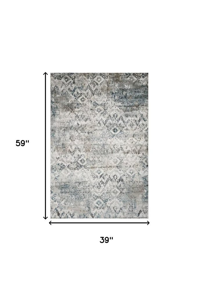 3' X 5' Ivory Gray And Teal Medallion Area Rug