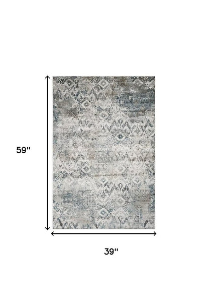 3' X 5' Ivory Gray And Teal Medallion Area Rug