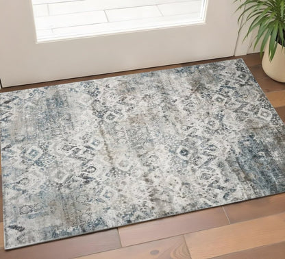 3' X 5' Ivory Gray And Teal Medallion Area Rug
