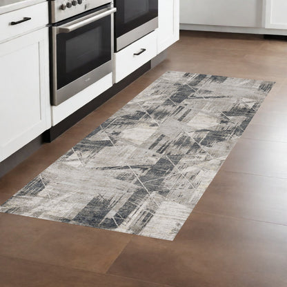 8' Grey Machine Woven Abstract Geometric Indoor Runner Rug