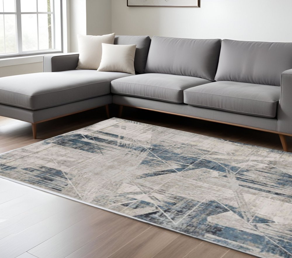 9' X 13' Blue And Gray Abstract Geometric Area Rug