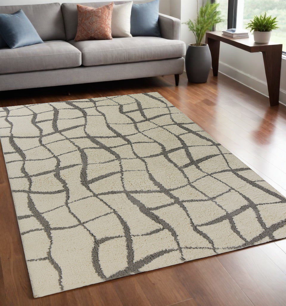 3' X 5' Ivory Abstract Shag Area Rug