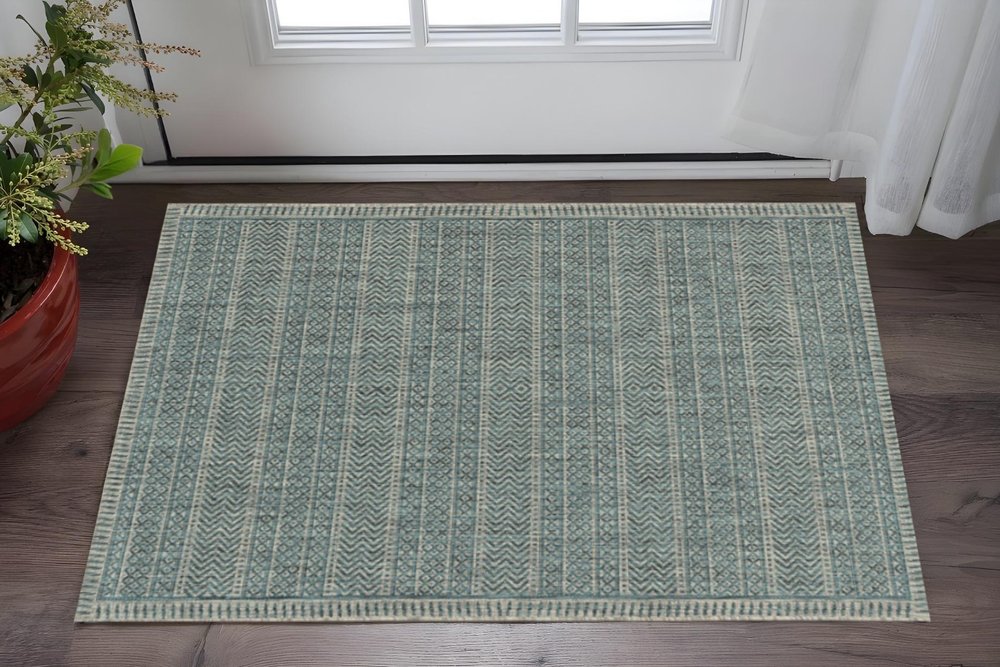3' X 4' Teal And Beige Geometric Area Rug