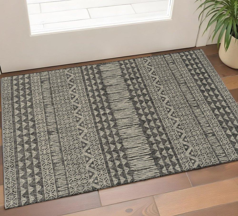 5' X 8' Charcoal And Gray Tribal Area Rug