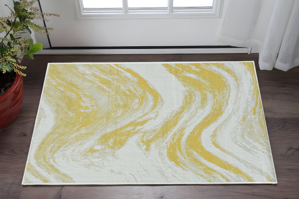 8' X 11' Ivory And Gold Abstract Area Rug