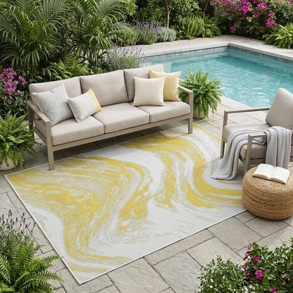 5' X 8' Gold And Ivory Abstract Indoor Outdoor Area Rug