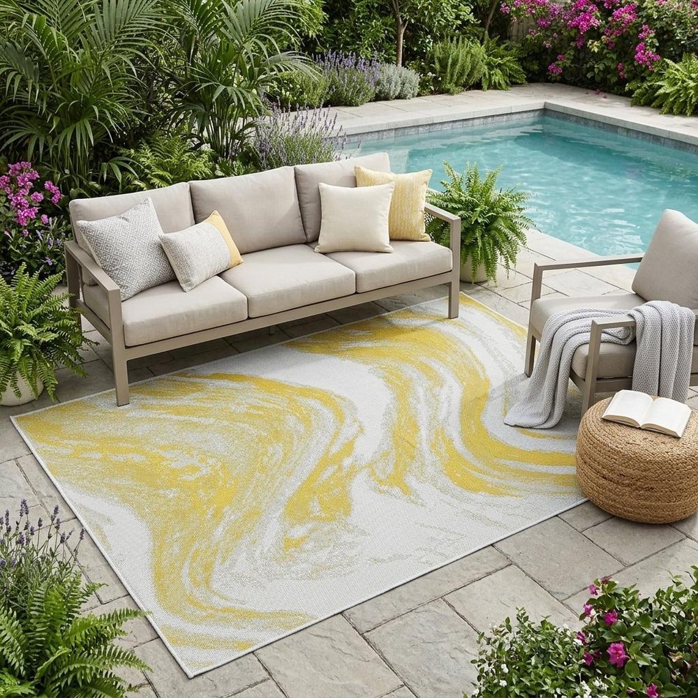 8' Gold And Ivory Abstract Indoor Outdoor Area Rug