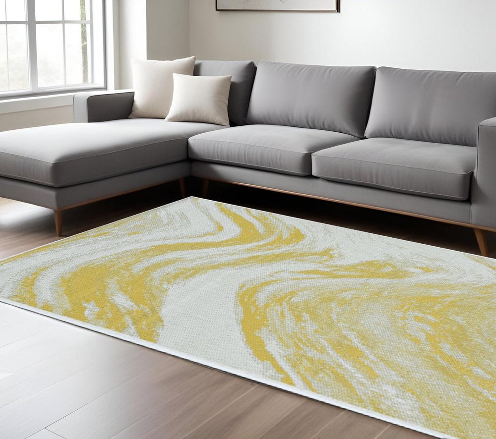 3' X 5' Gold and Ivory Abstract Area Rug