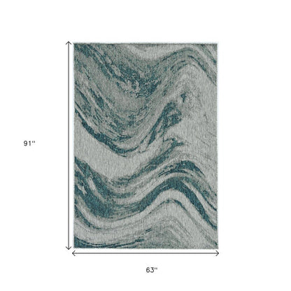 5' X 8' Grey Or Teal Abstract Waves Rug