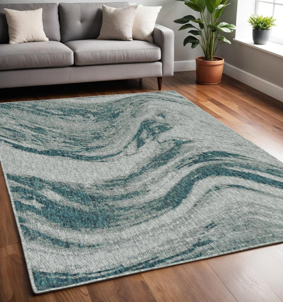 5' X 8' Grey Or Teal Abstract Waves Rug