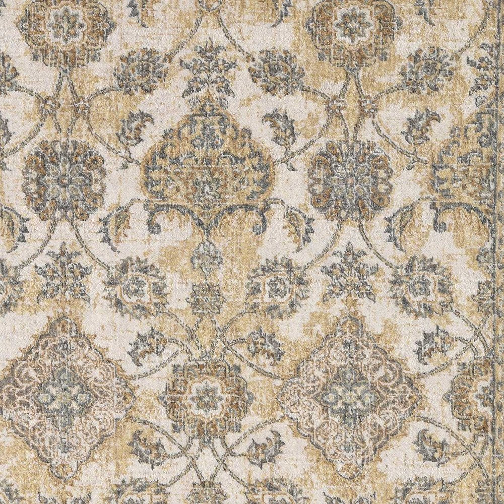 7' Ivory Beige And Gray Wool Floral Medallion Runner Rug