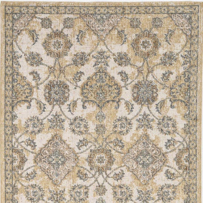 8' X 11' Ivory Beige And Gray Wool Floral Medallion Distressed Area Rug