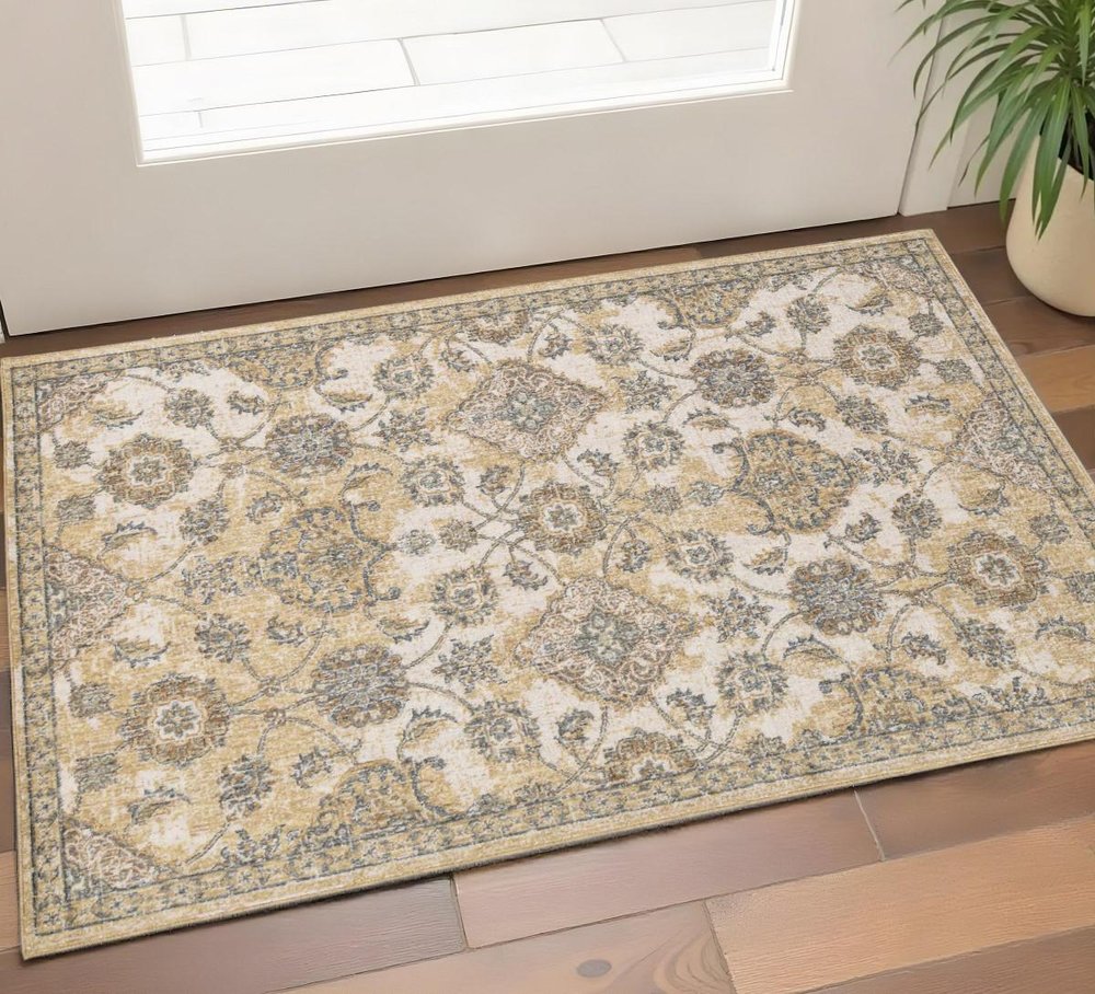 8' X 11' Ivory Beige And Gray Wool Floral Medallion Distressed Area Rug