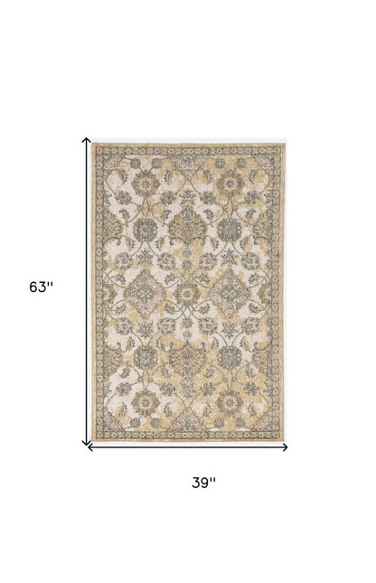 2' X 3' Ivory Beige And Gray Wool Floral Medallion Area Rug