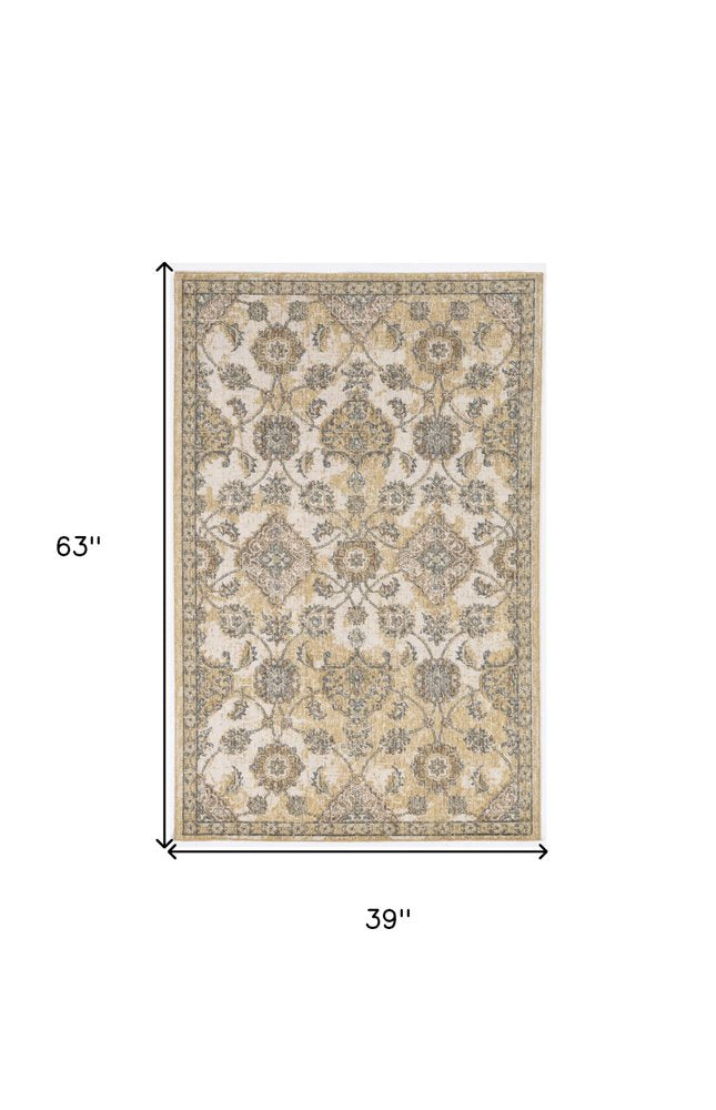 2' X 3' Ivory Beige And Gray Wool Floral Medallion Area Rug
