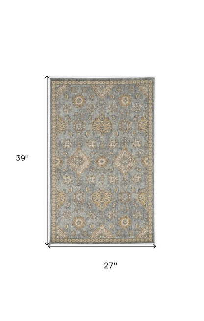 2' X 3' Sage Orange And Gray Wool Floral Distressed Area Rug