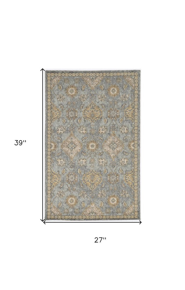 2' X 3' Sage Orange And Gray Wool Floral Distressed Area Rug