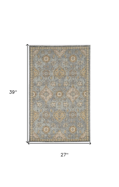 2' X 3' Sage Orange And Gray Wool Floral Distressed Area Rug