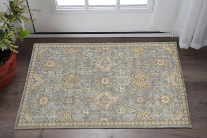 2' X 3' Sage Orange And Gray Wool Floral Distressed Area Rug
