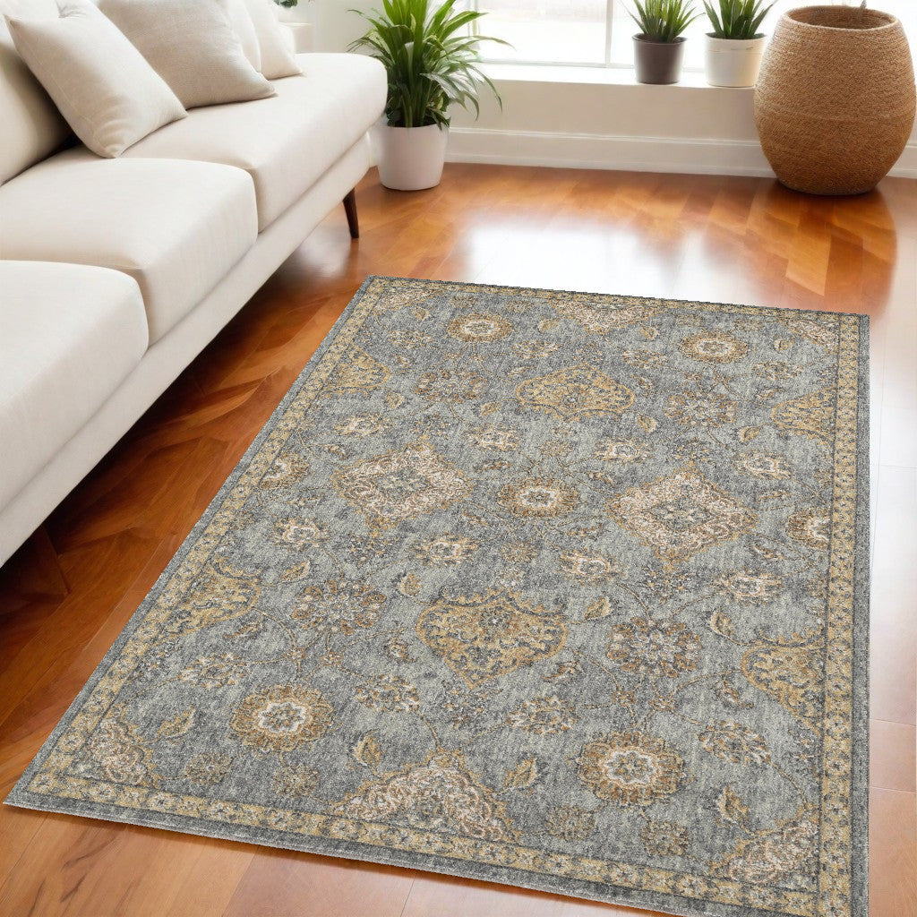 2' X 3' Sage Orange And Gray Wool Floral Distressed Area Rug