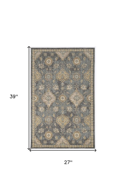 7' Sage And Slate Gray Wool Floral Medallion Runner Rug