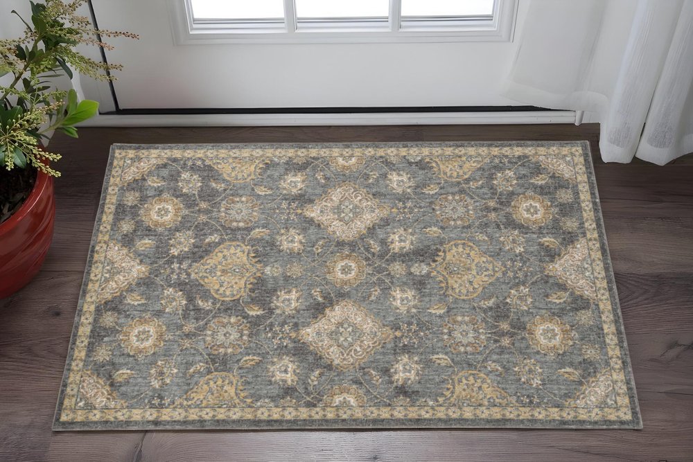 7' Sage And Slate Gray Wool Floral Medallion Runner Rug