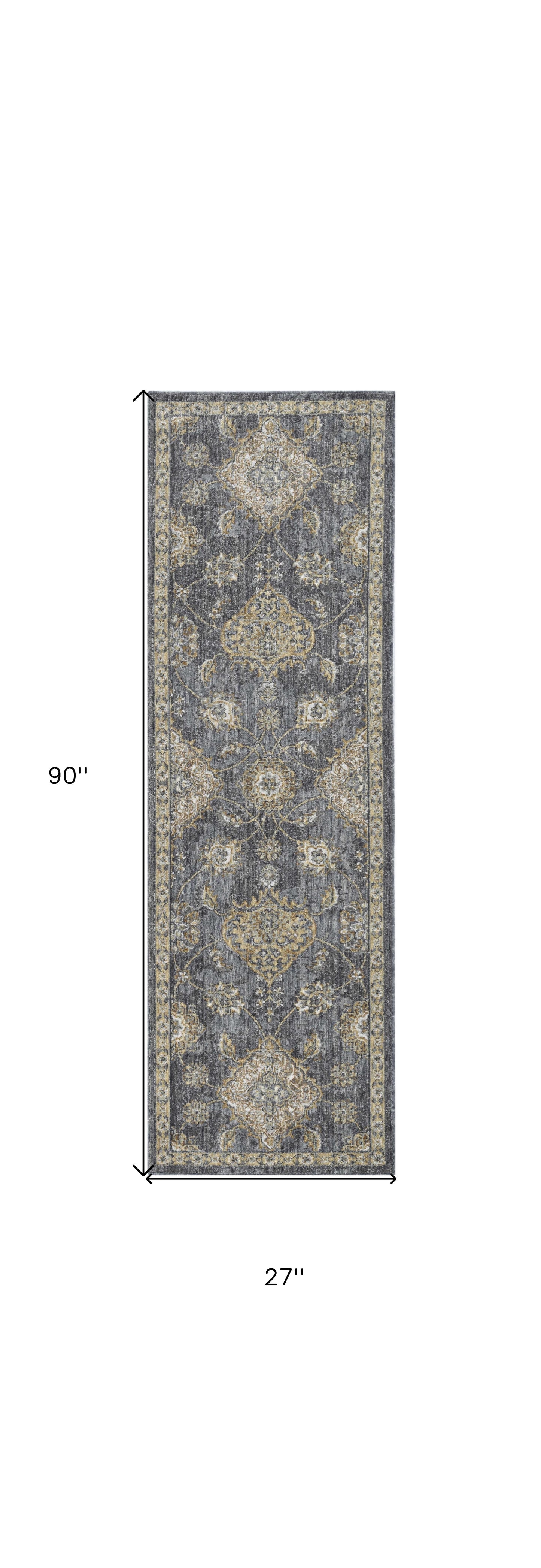 7' Sage And Slate Gray Wool Floral Medallion Runner Rug