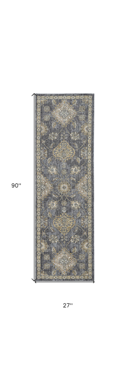 7' Sage And Slate Gray Wool Floral Medallion Runner Rug